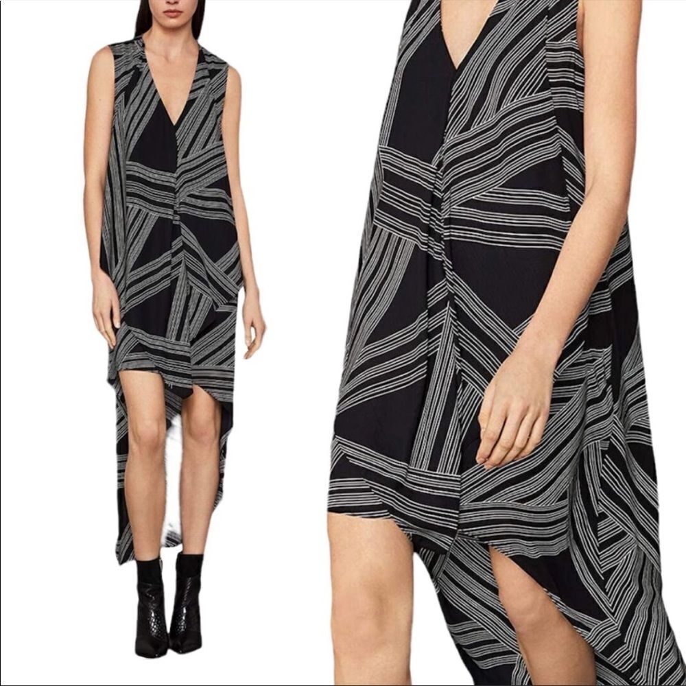 BCBGMAXAZRIA Tara Sleeveless Ruffle High-Low Midi Maxi Dress Black White  XS
